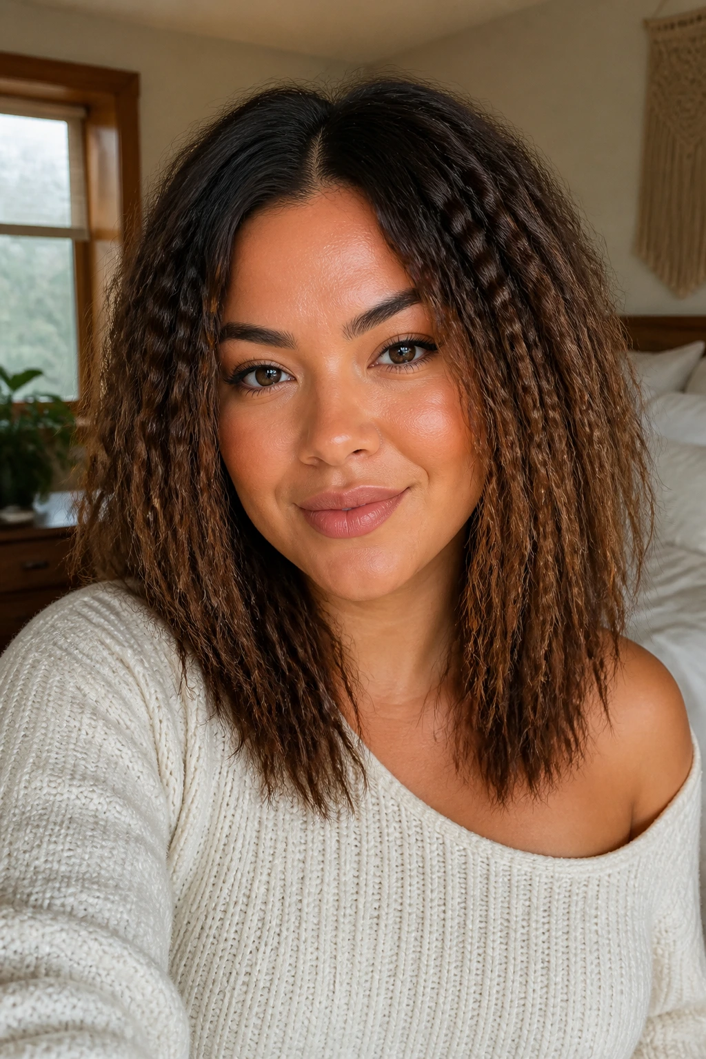 Close-up of a real woman with crimped hair along the mid-lengths