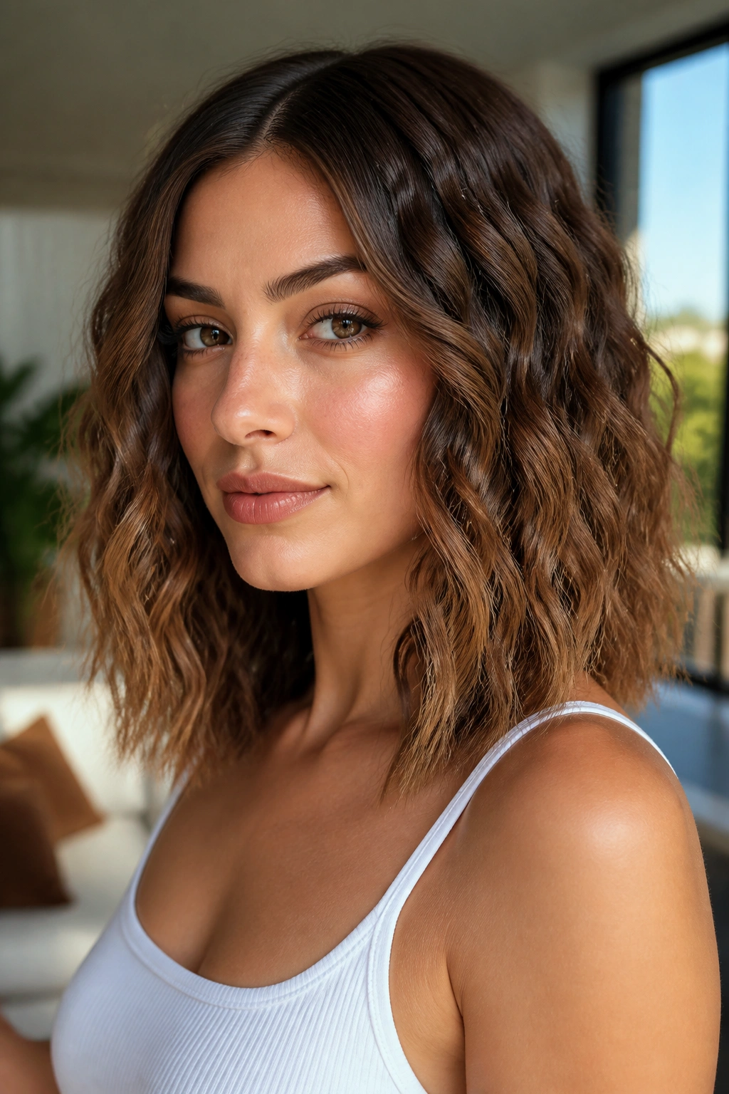 Close-up of a real woman with mid-length crimped waves in a bright living room