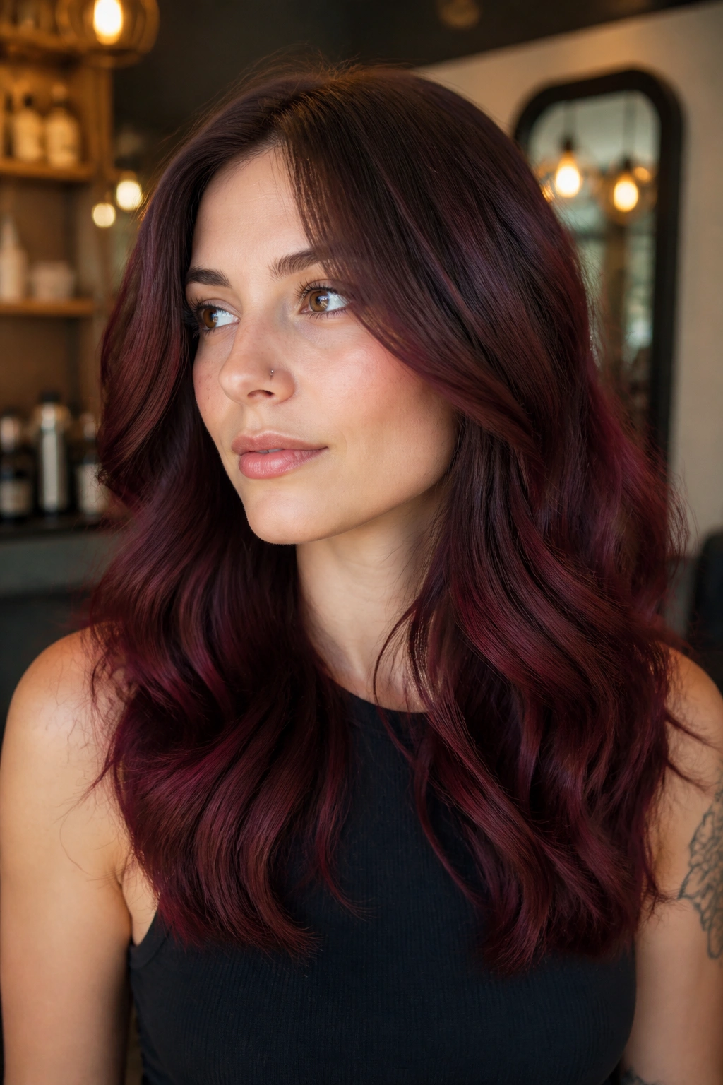 Medium close-up portrait of a real person with crimson burgundy balayage and cool brown roots.