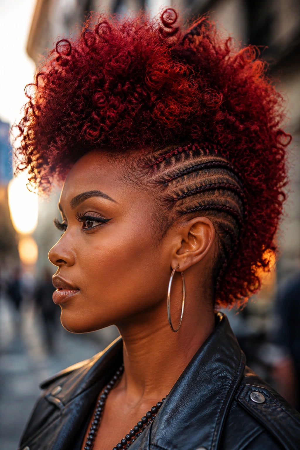 Crimson frohawk with curly top on a real person