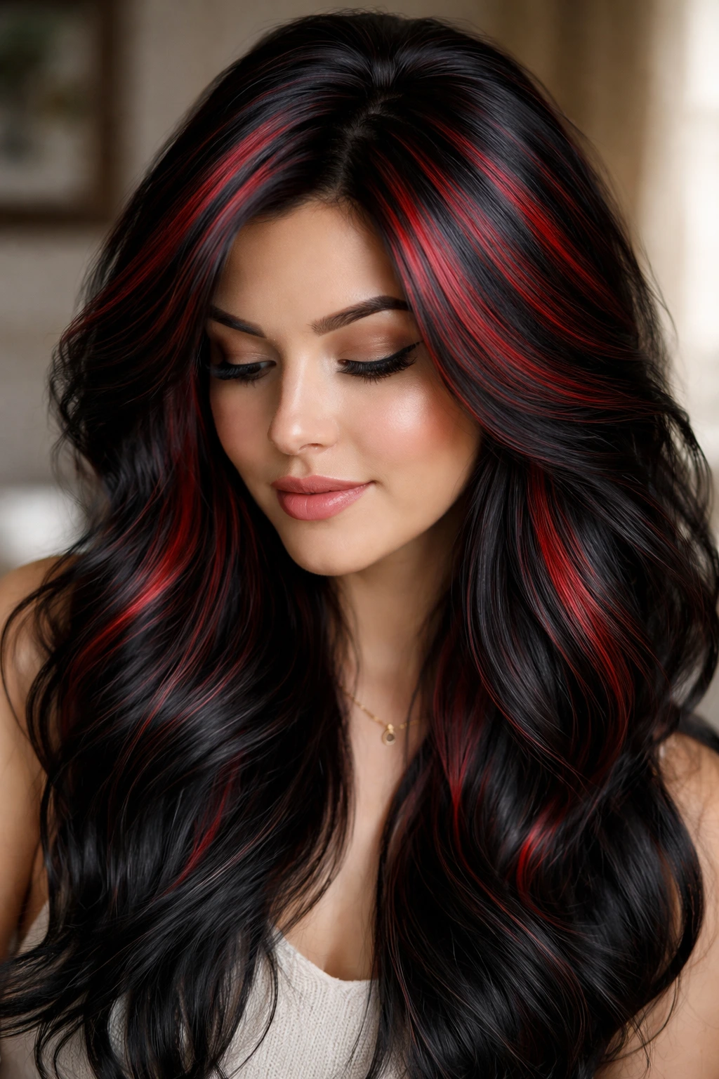 Close-up of crown area with crimson halo highlights on dark hair