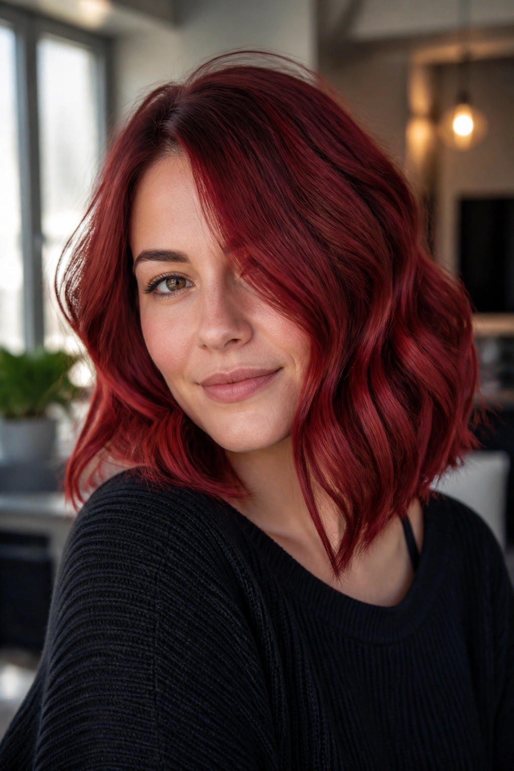 Close-up of a real woman with crimson lob and loose S-waves