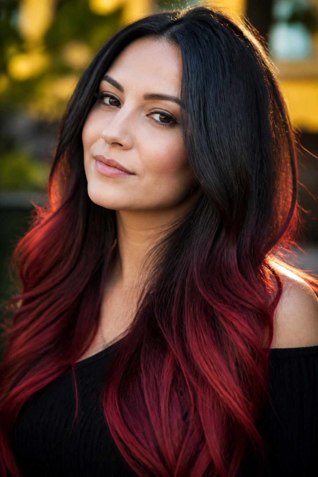 Close-up of a real woman with crimson ombre ends on long black hair