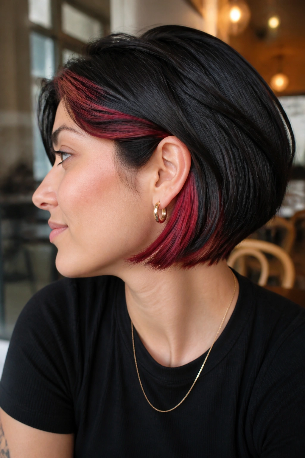Side-profile of a real woman with dark bob and peekaboo crimson panels