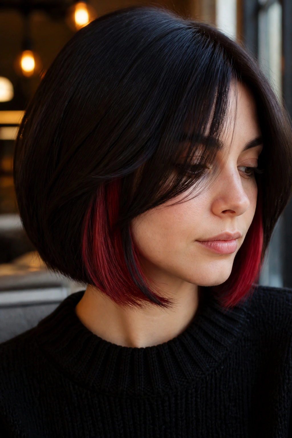 Close-up of a real woman with crimson peekaboo panels under a dark bob.