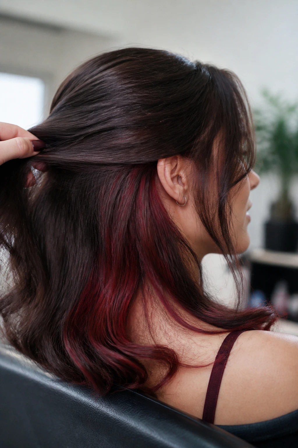 Portrait showing crimson peekaboo underlayers in brown hair