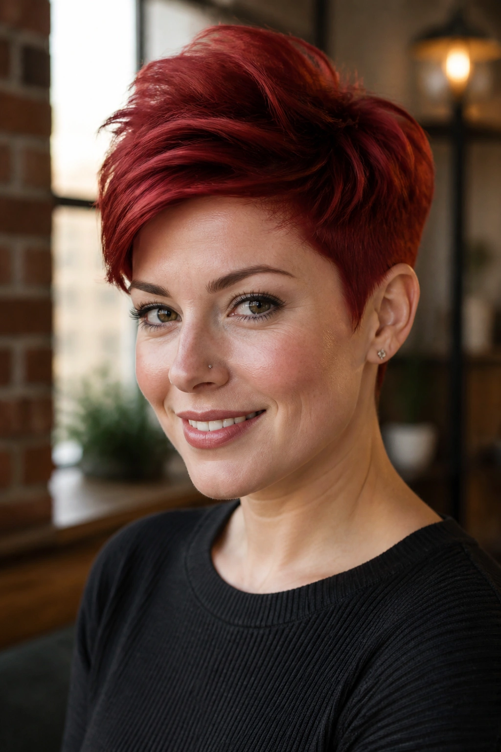 Close-up portrait of a woman with crimson pixie and crown height