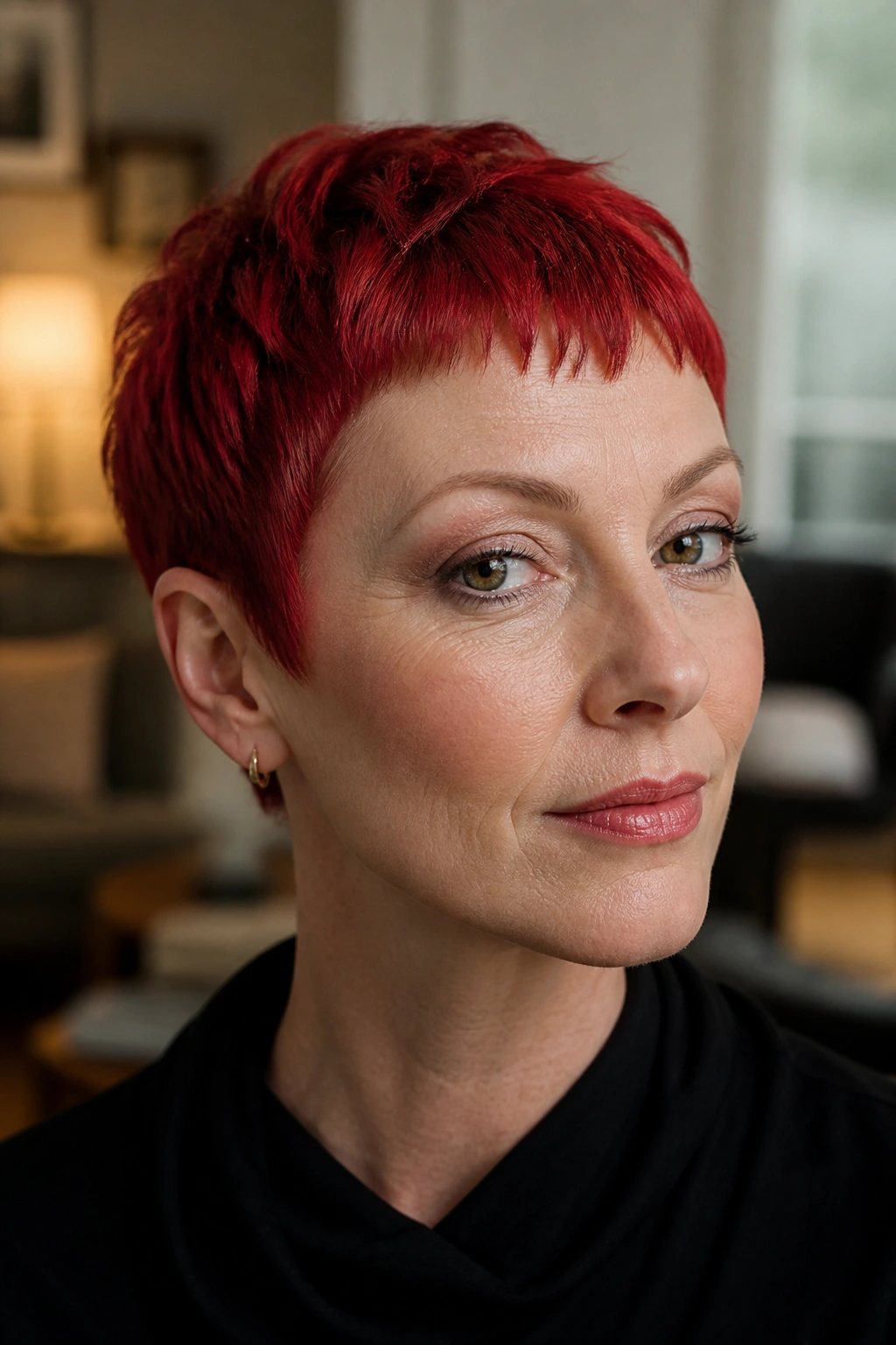 Portrait of a real woman with crimson pixie and micro fringe in soft indoor light