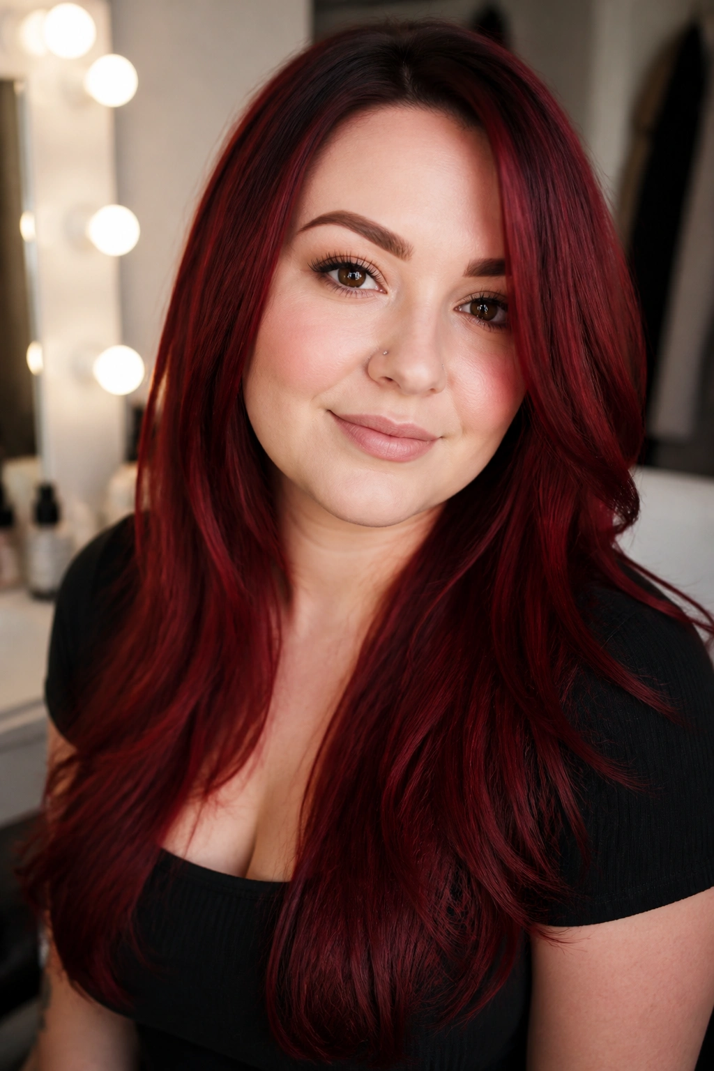 Crimson red hair with long lean layers on a real woman in a softly lit room.