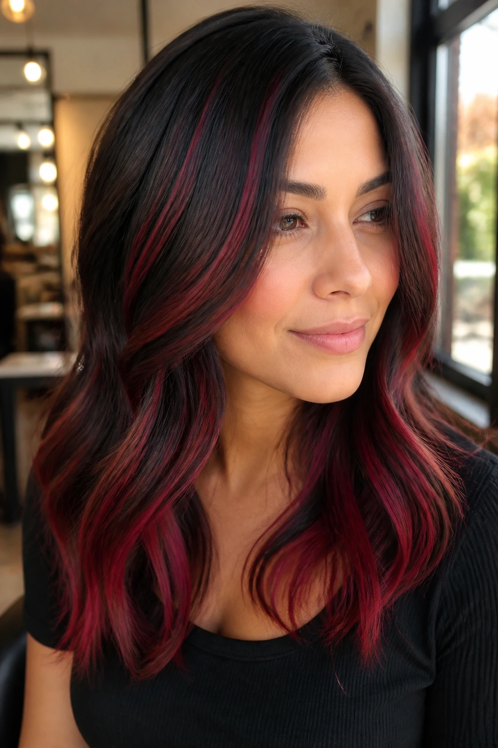 Close-up portrait of a real woman with crimson ribbon highlights in layered hair
