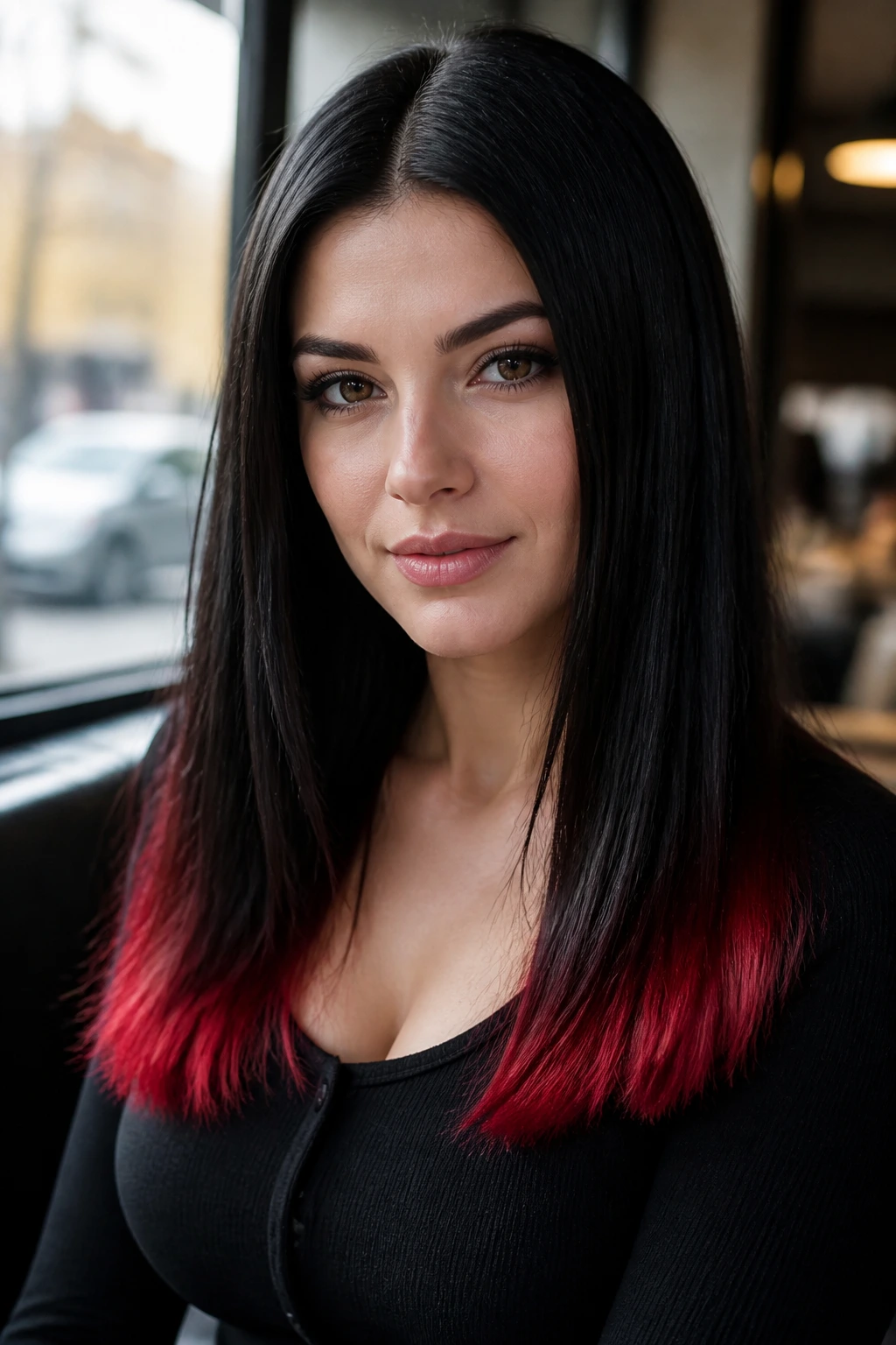 Portrait of a real person with black hair and crimson tips.