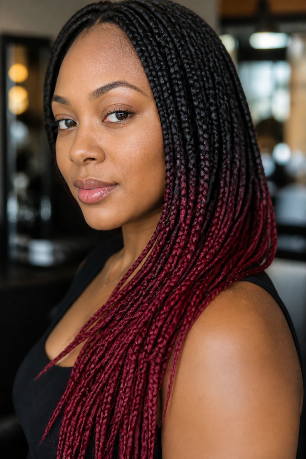 Close-up of a real person with crimson-tipped box braids, tips highlighted as bright red ends
