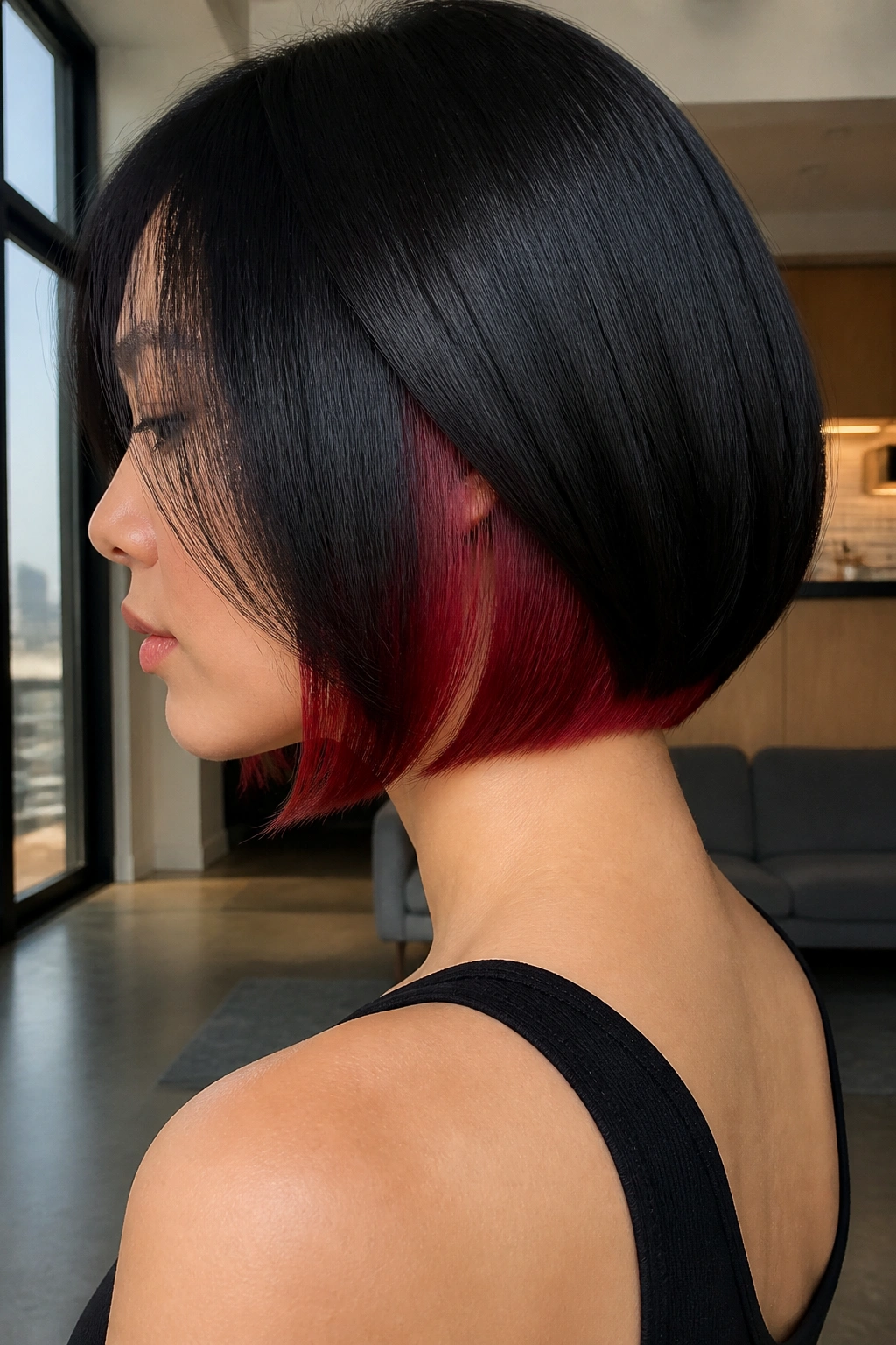 Profile of sleek bob with crimson underlights