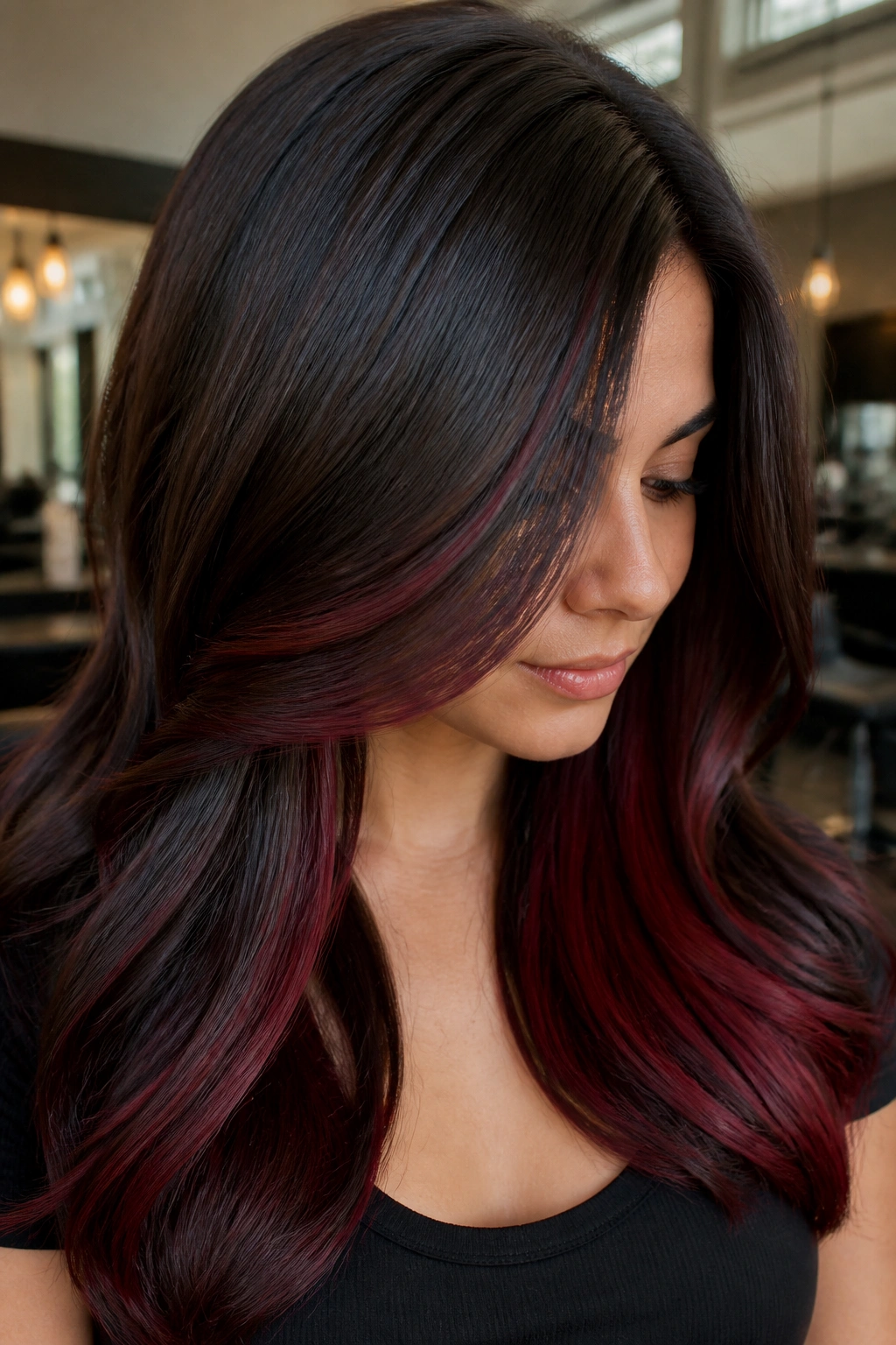 Close-up portrait of a real woman with espresso brown hair and crimson velvet balayage tucked under the top layer