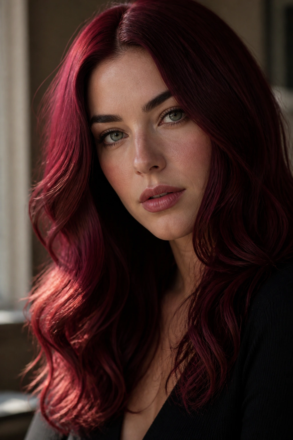 Crimson velvet waves on a real person with moody lighting.