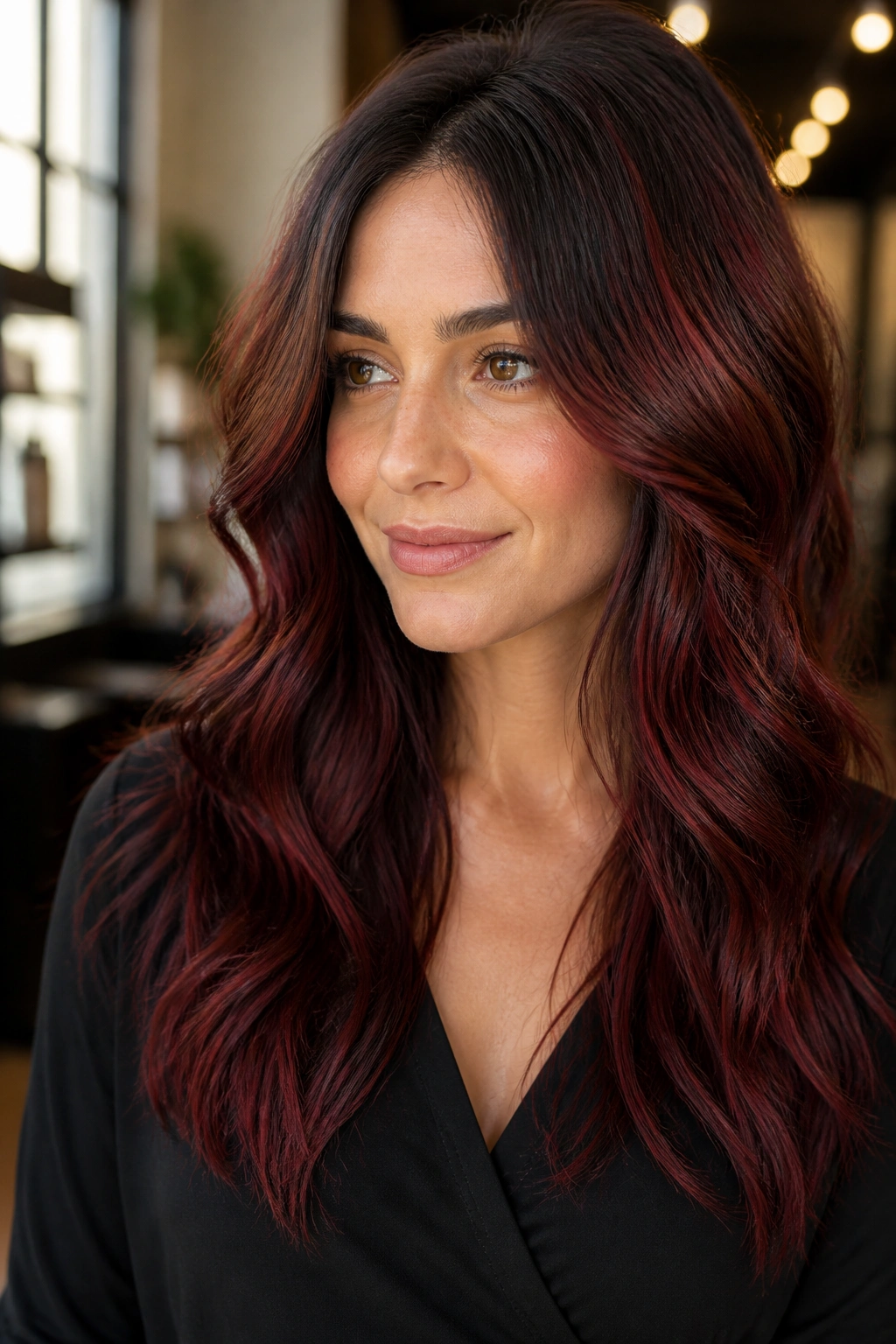 Close-up brunette with crimson wine balayage in warm salon lighting