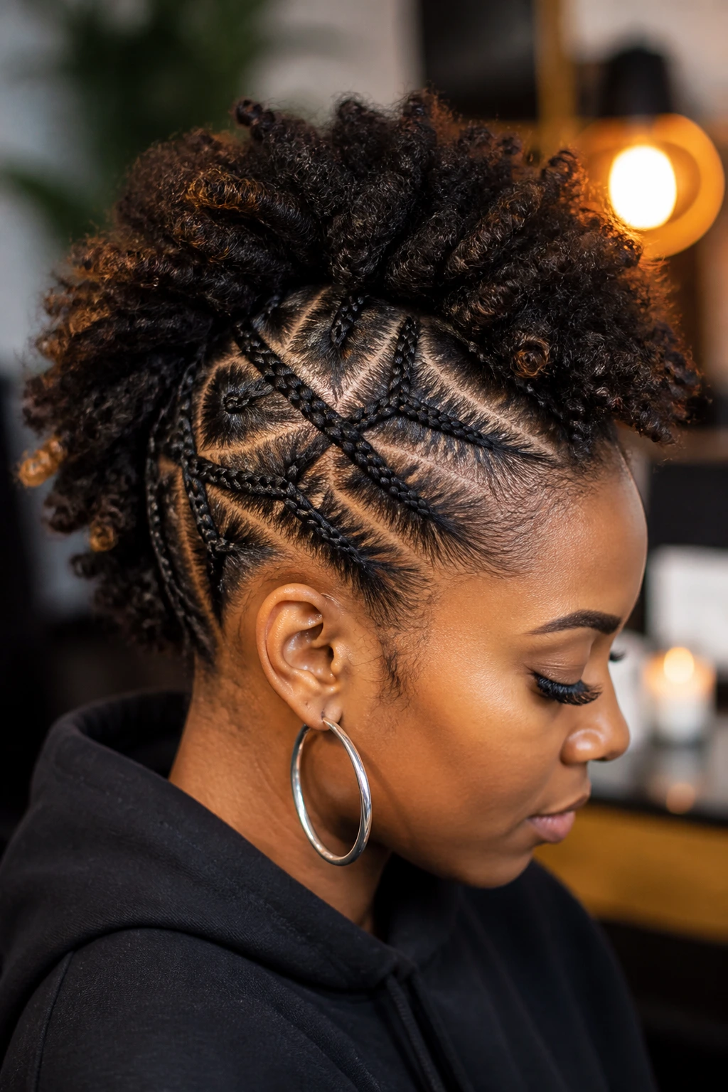 Close-up of a person with a criss-cross part mohawk pattern