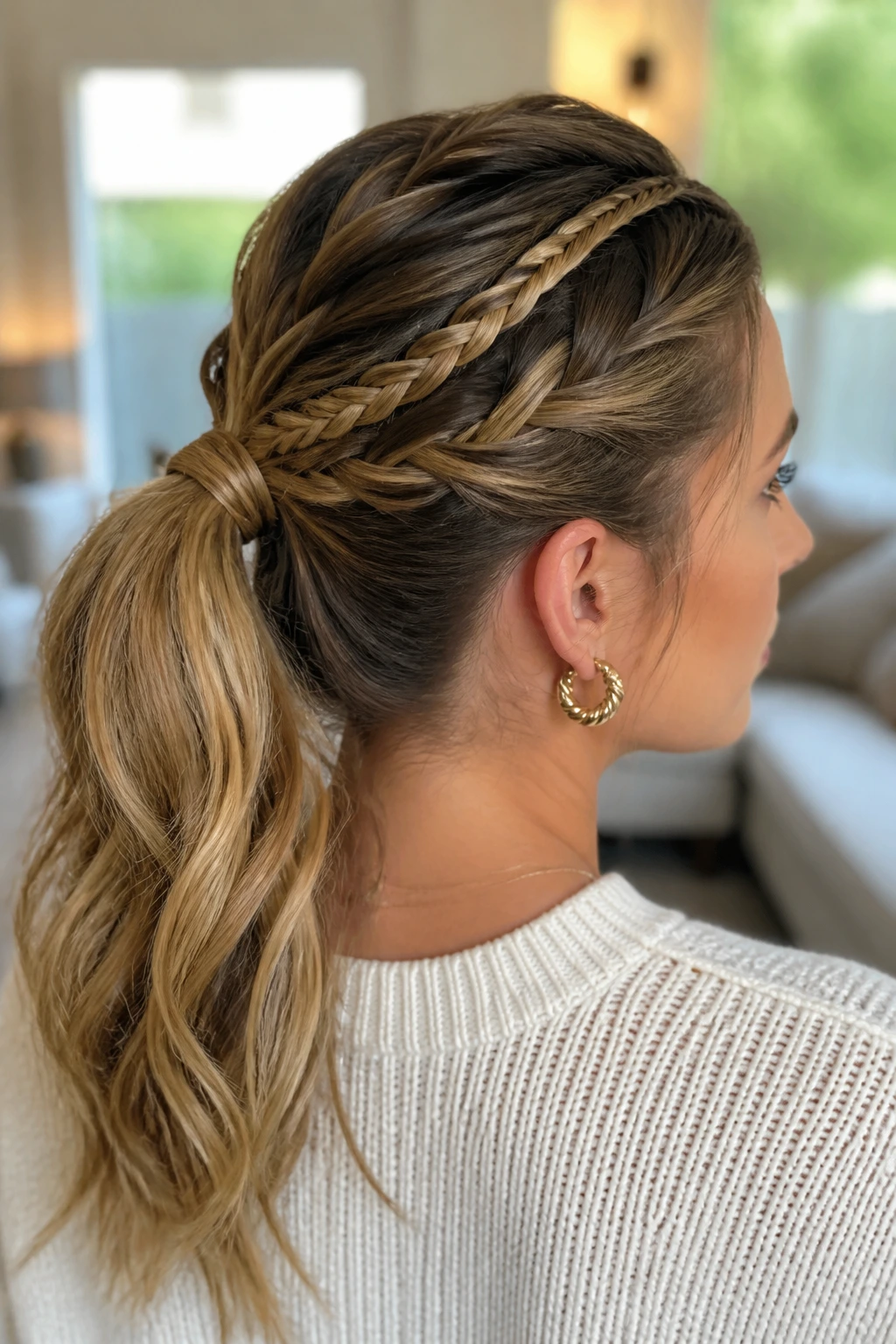 Close-up of a real woman with crisscross front braids into a ponytail