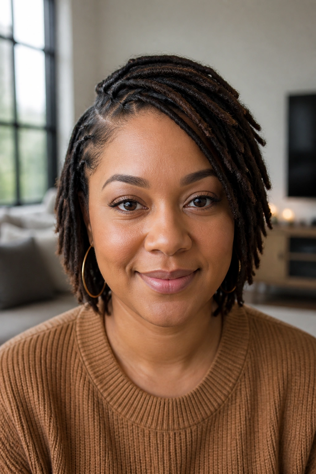 Close-up of real woman with crisscross front locs pinned back