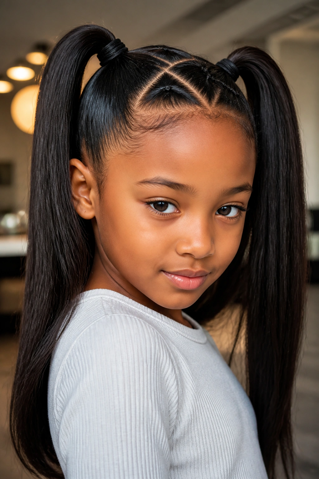 Real person with crisscross part high pigtails and crown lines.