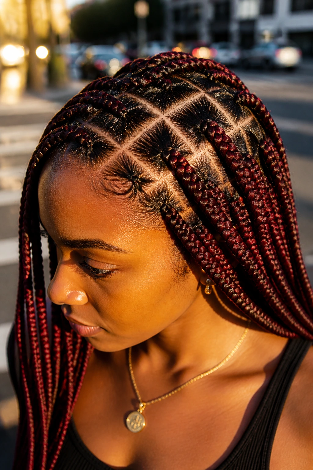 Portrait of a woman with burgundy box braids showing crisscross parts