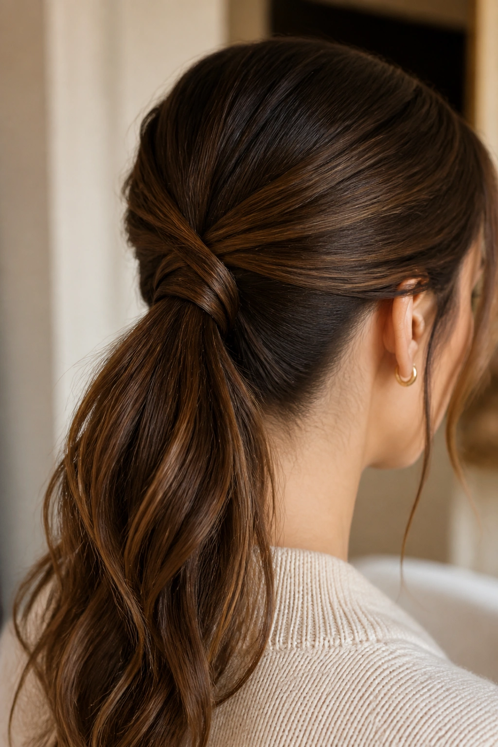 Close-up of crisscross wrapped ponytail showing crossing sections at base