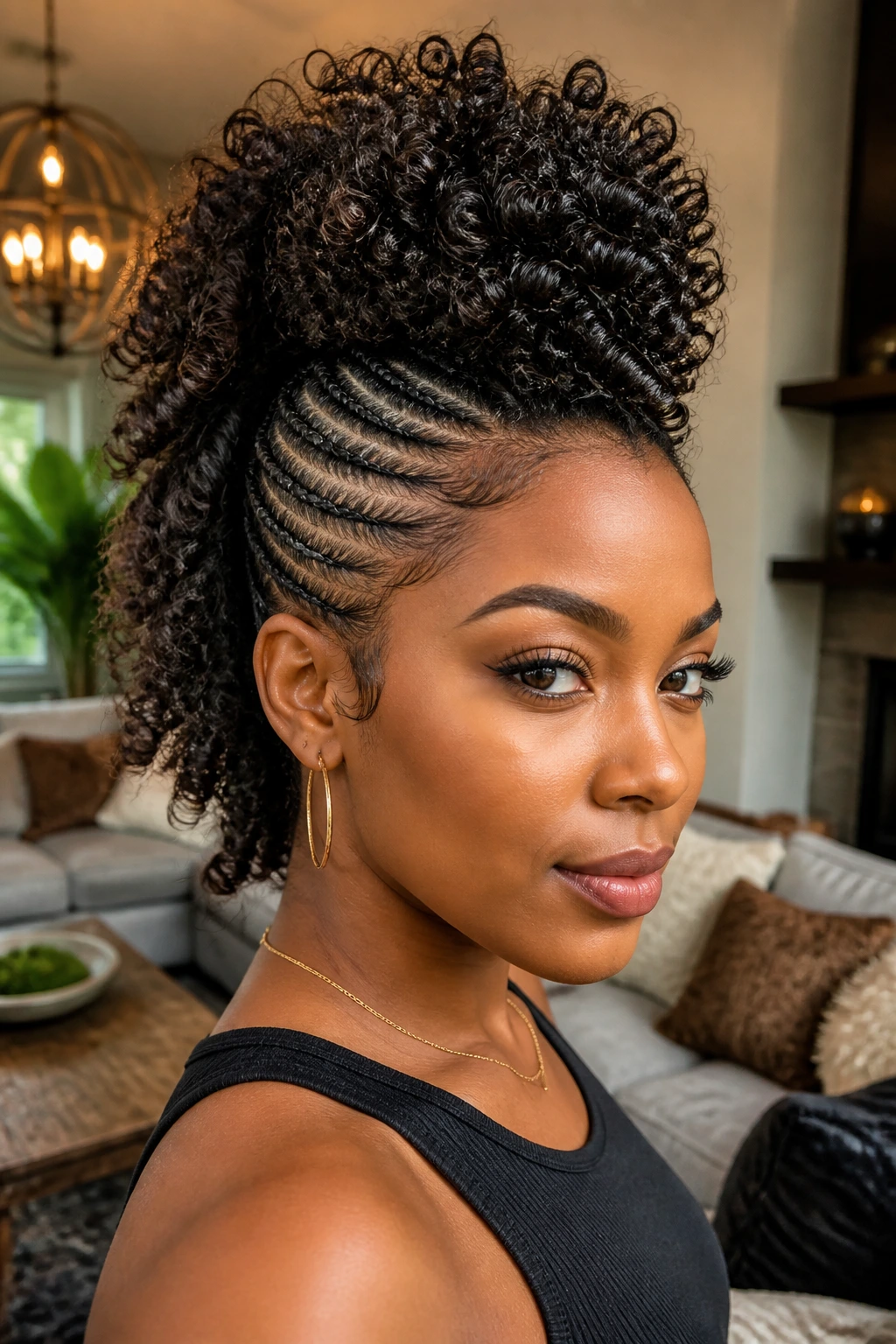 Close-up of a Black woman with crochet faux-hawk extensions in a living room