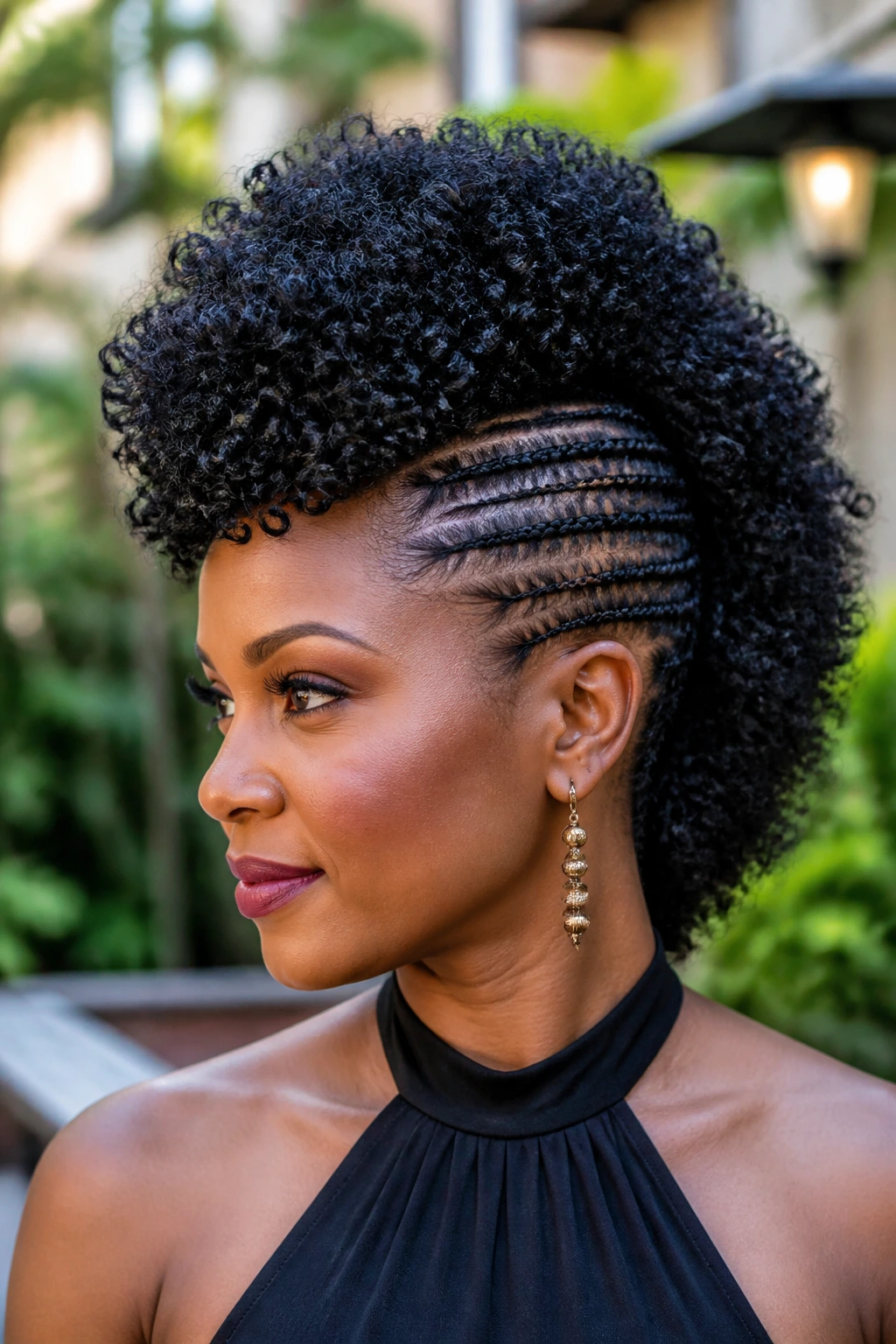 Close-up of a Black woman with a crochet mohawk and braided sides