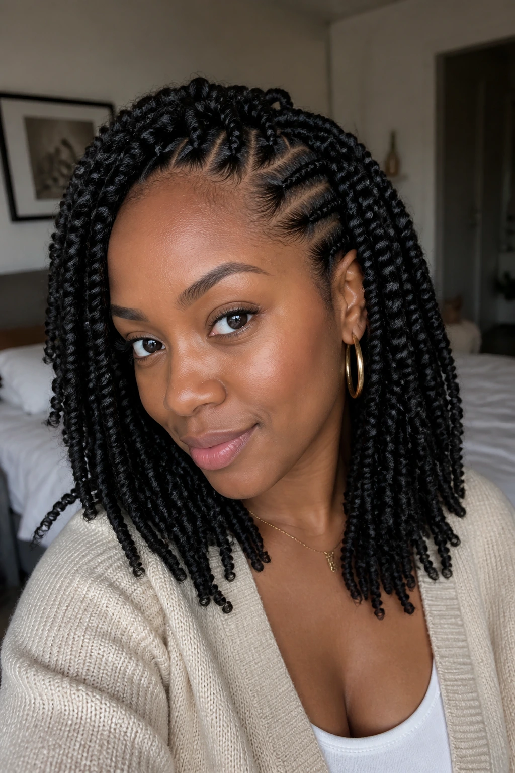 Close-up portrait of a real person with crochet twists
