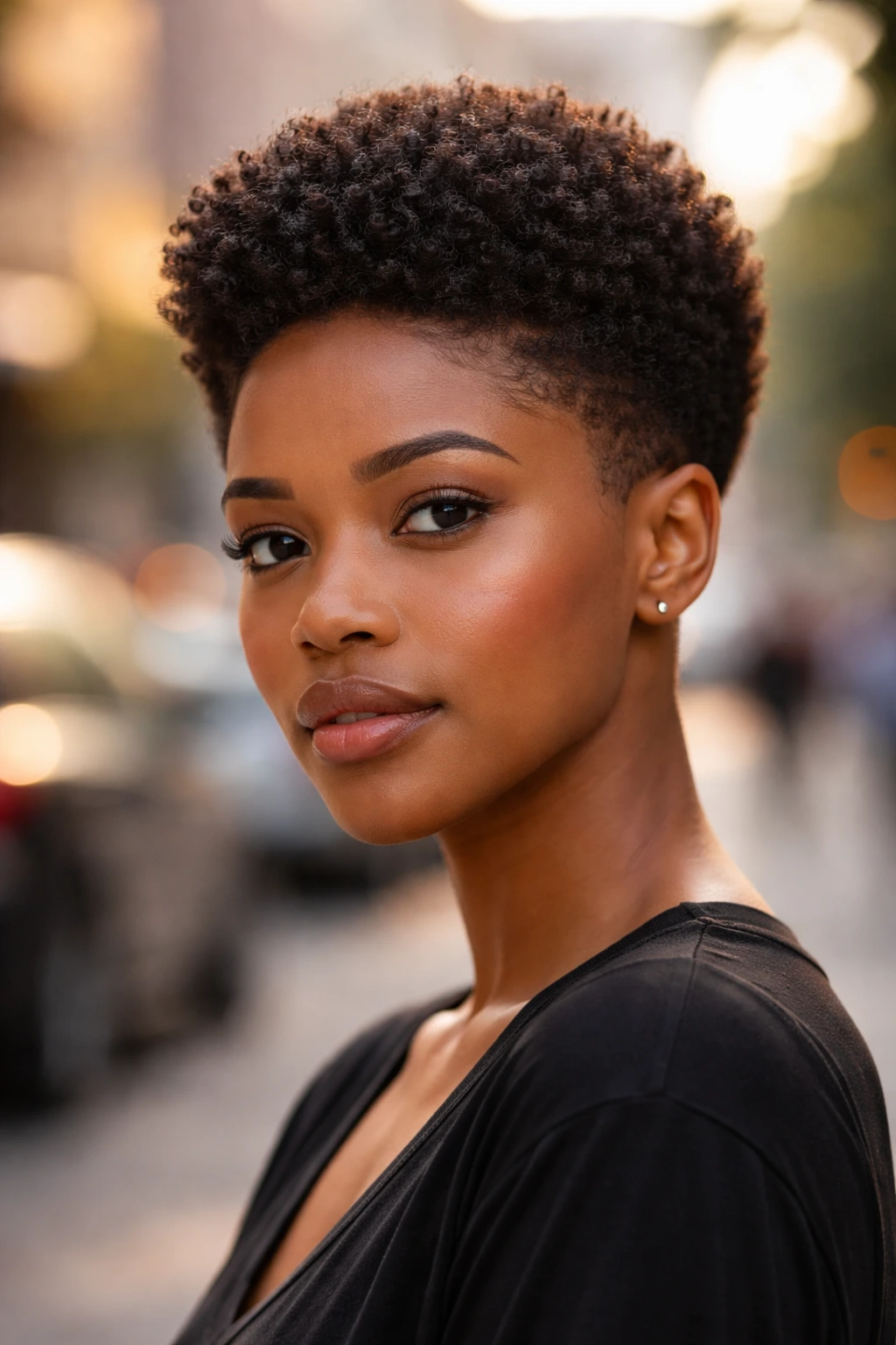 Cropped Afro close-up portrait of a real woman in an urban setting