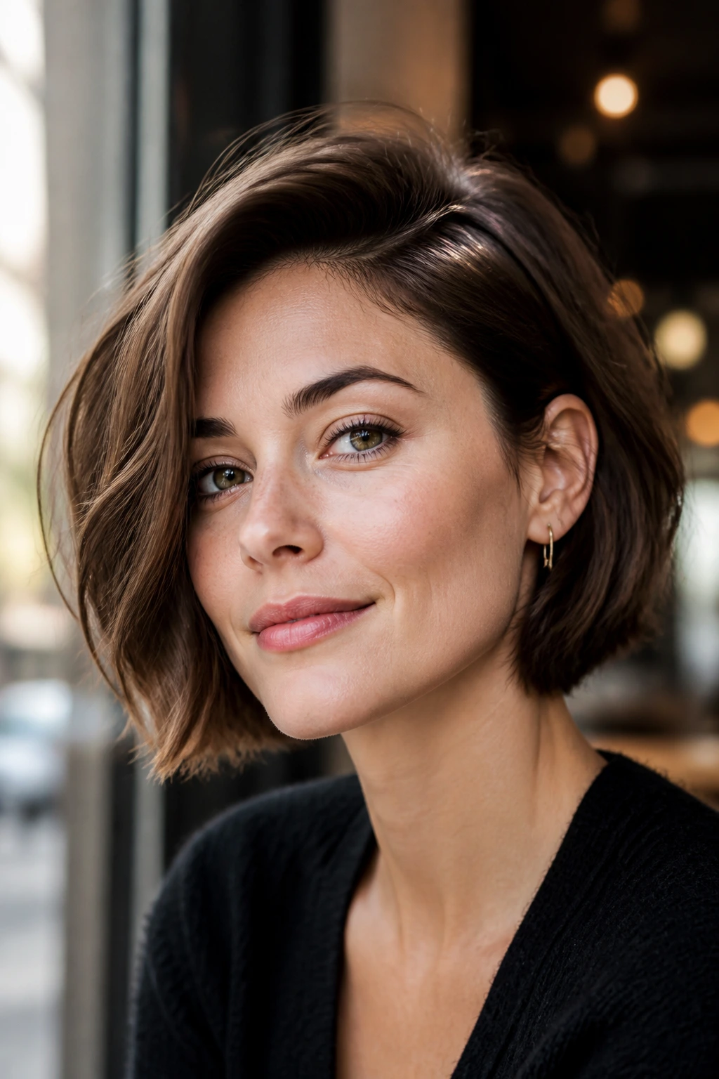 Real woman with cropped bob and deep side part in cafe window light