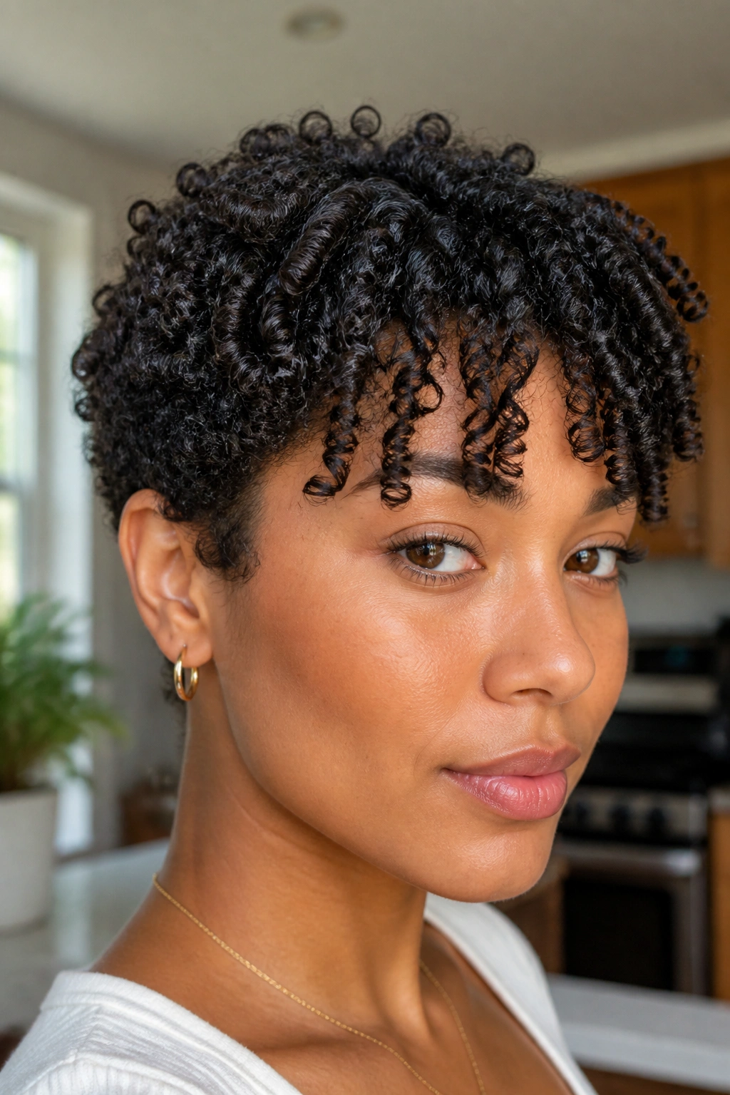 Close-up of a real person with cropped coils and curtain fringe in a bright kitchen