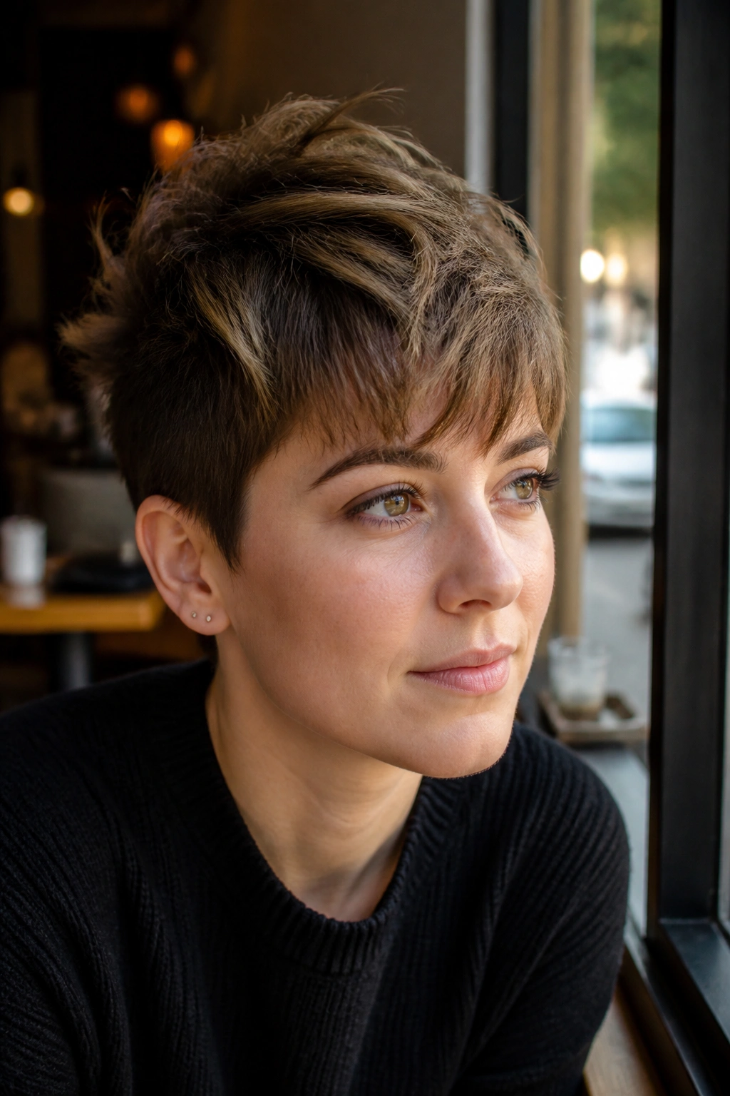 Medium close-up of a person with a cropped cut and heavy crown volume.