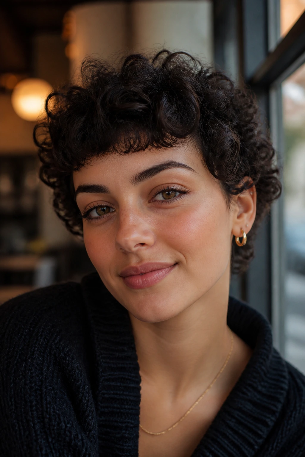 Close-up of a real woman with Cropped Curls and micro bangs