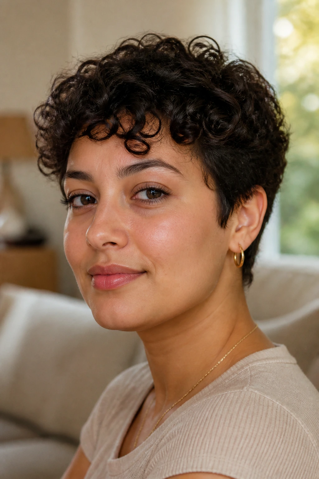 Close-up of a real woman with cropped curls creating a rounded silhouette on a round face.