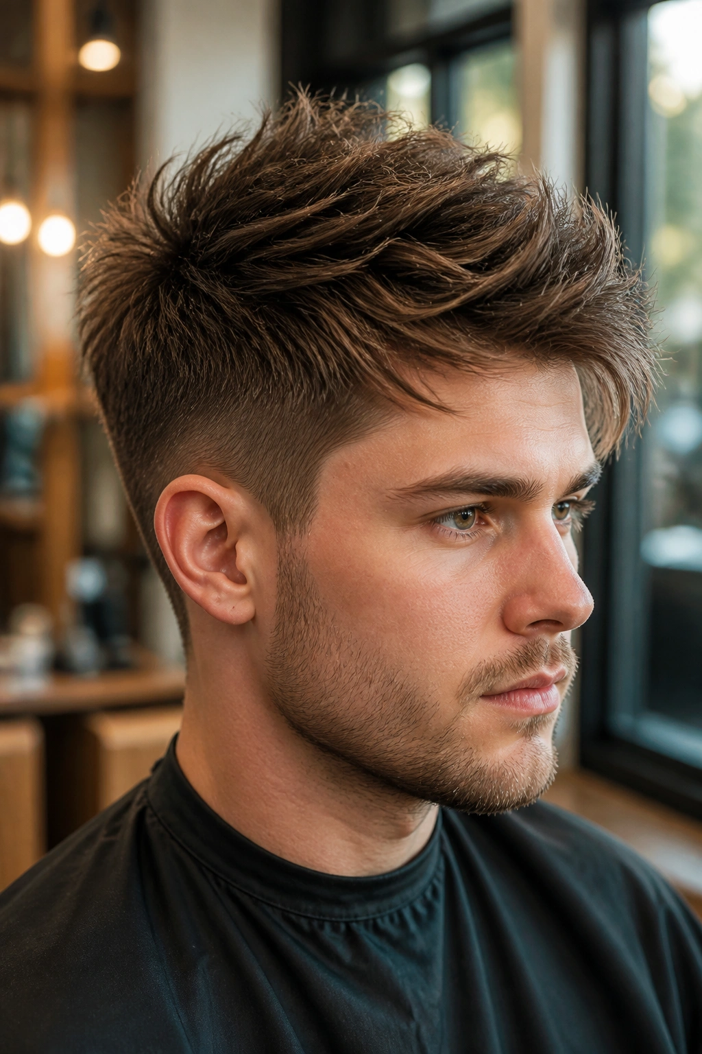 Close-up of a real person with cropped cut and long crown layers.
