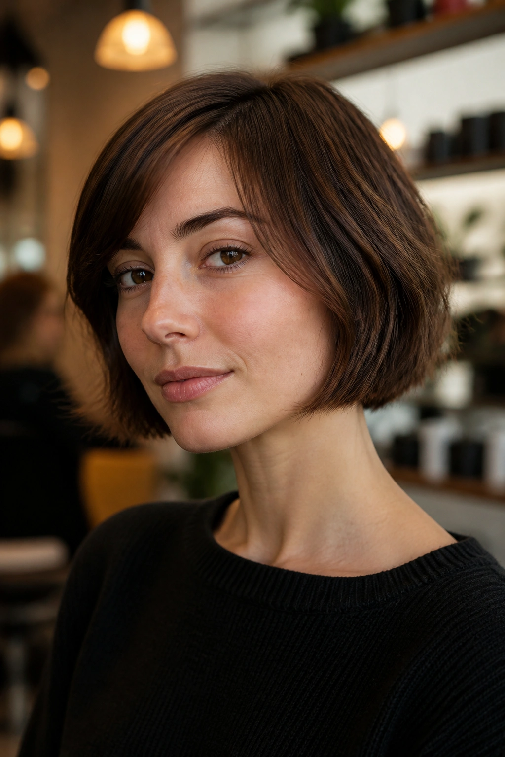 Close-up of a real woman with cropped French bob in warm lighting
