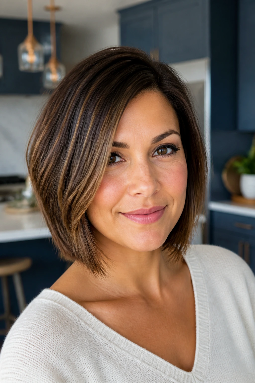 Close-up portrait of a real woman with cropped lob hidden layers in bright modern interior