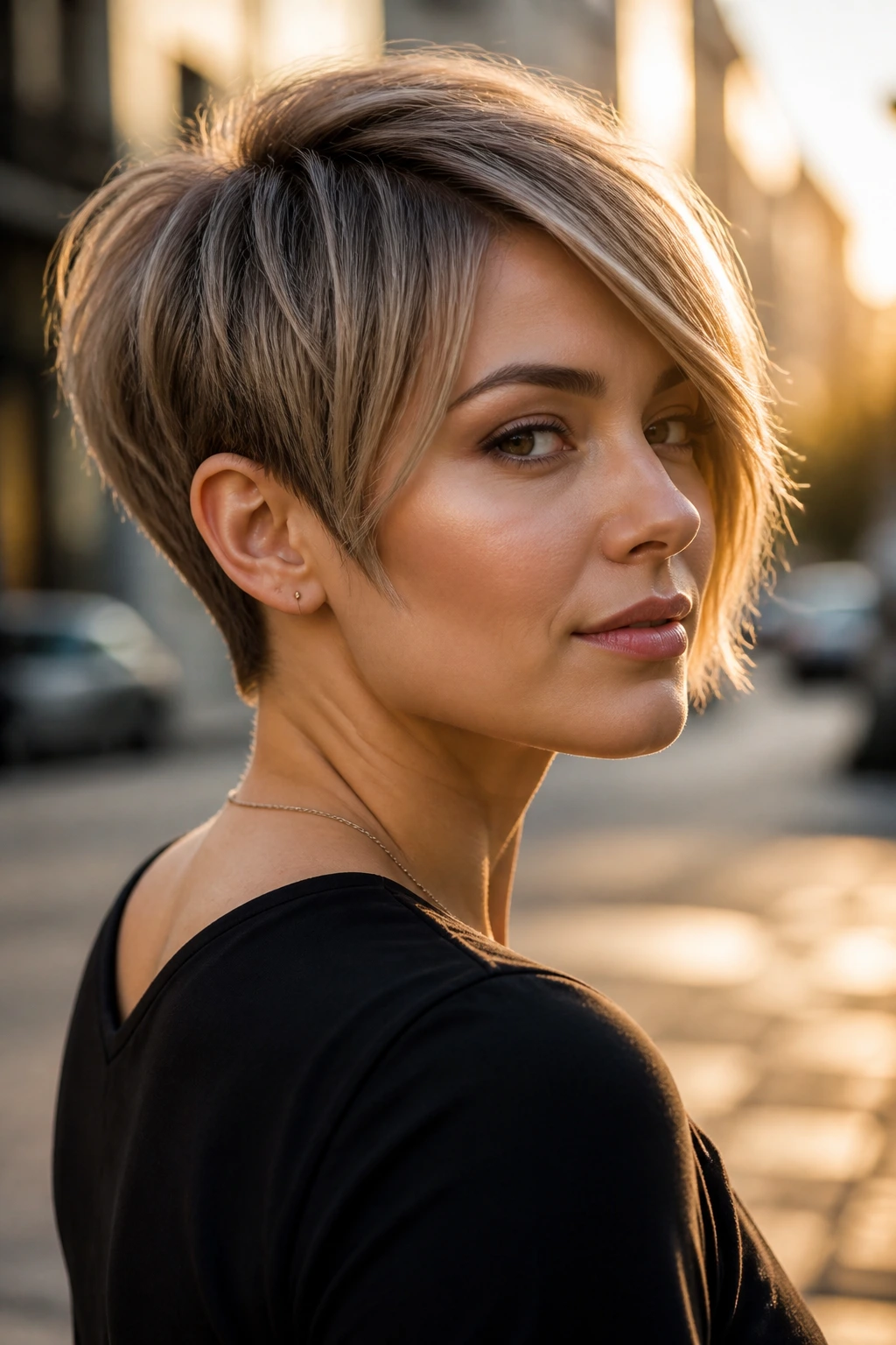 Three-quarter portrait of a woman with cropped pixie bob and short back in warm light