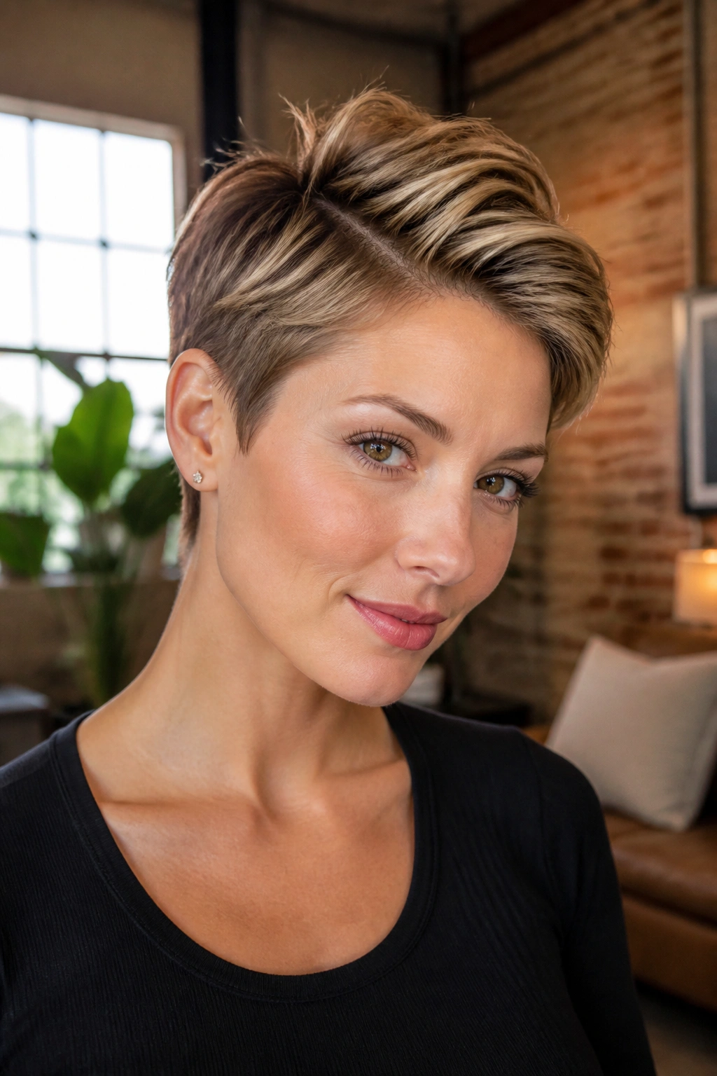 Close-up of a real woman with a cropped pixie and crown lift.