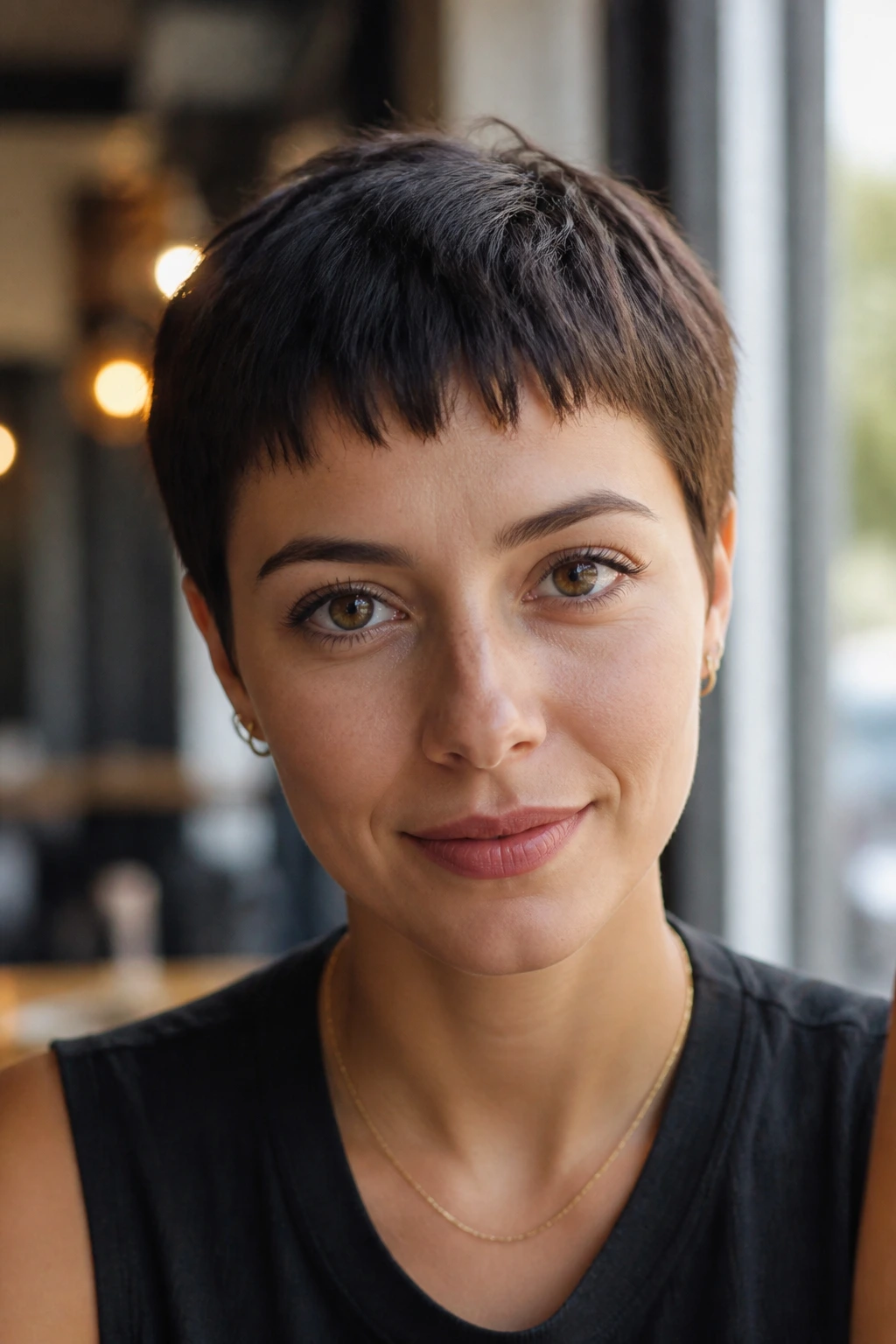 Close-up portrait of a real woman with cropped pixie and tiny fringe