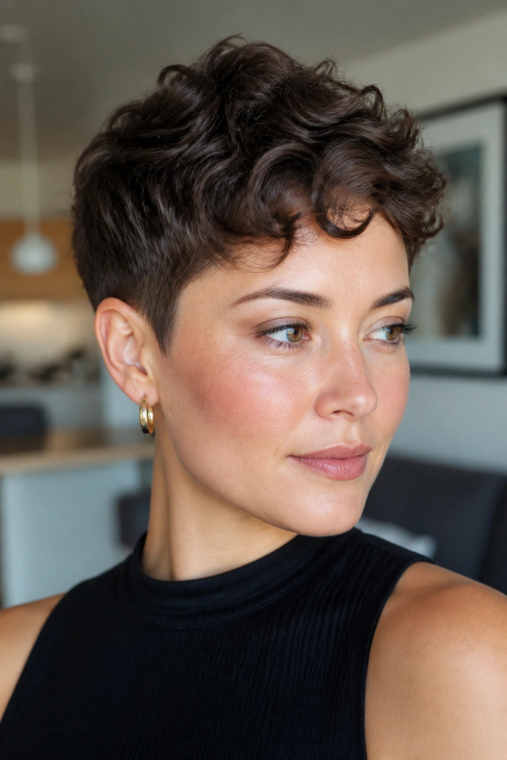 Close-up of a real woman with cropped pixie and S-wave texture in a bright apartment.
