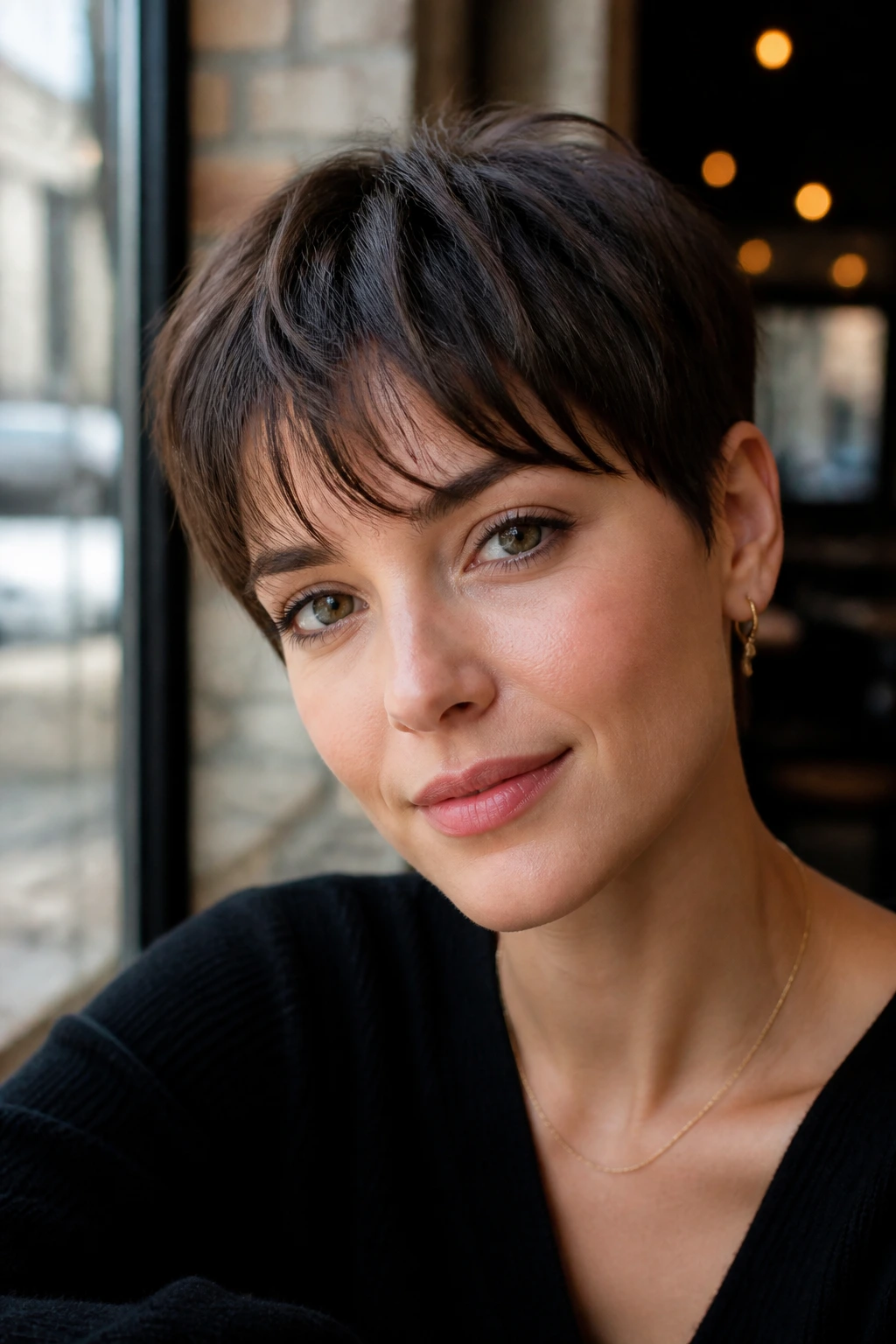 Close-up portrait of a woman with a cropped pixie and wispy bangs