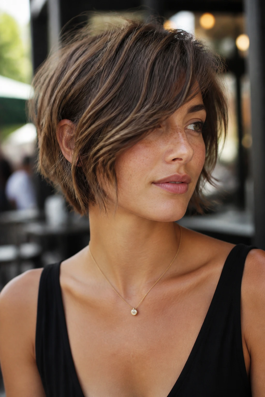 Close-up of real person with cropped shag and long side fringe in outdoor daylight