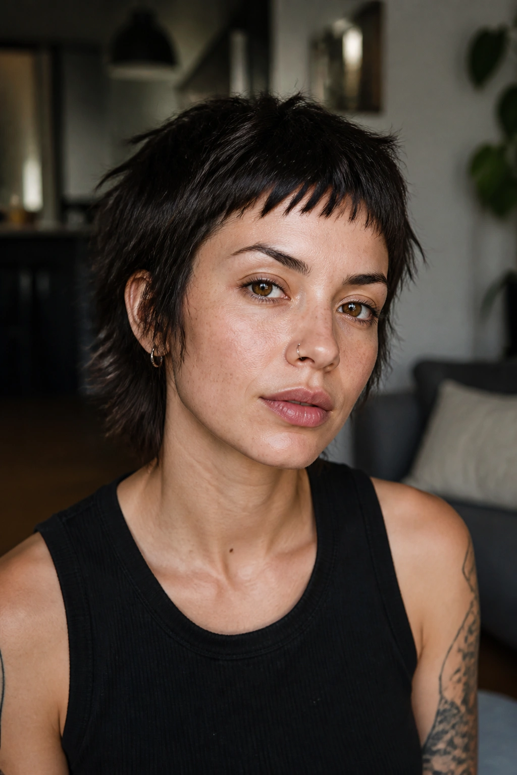 Real woman with cropped shag and micro bangs in a modern apartment