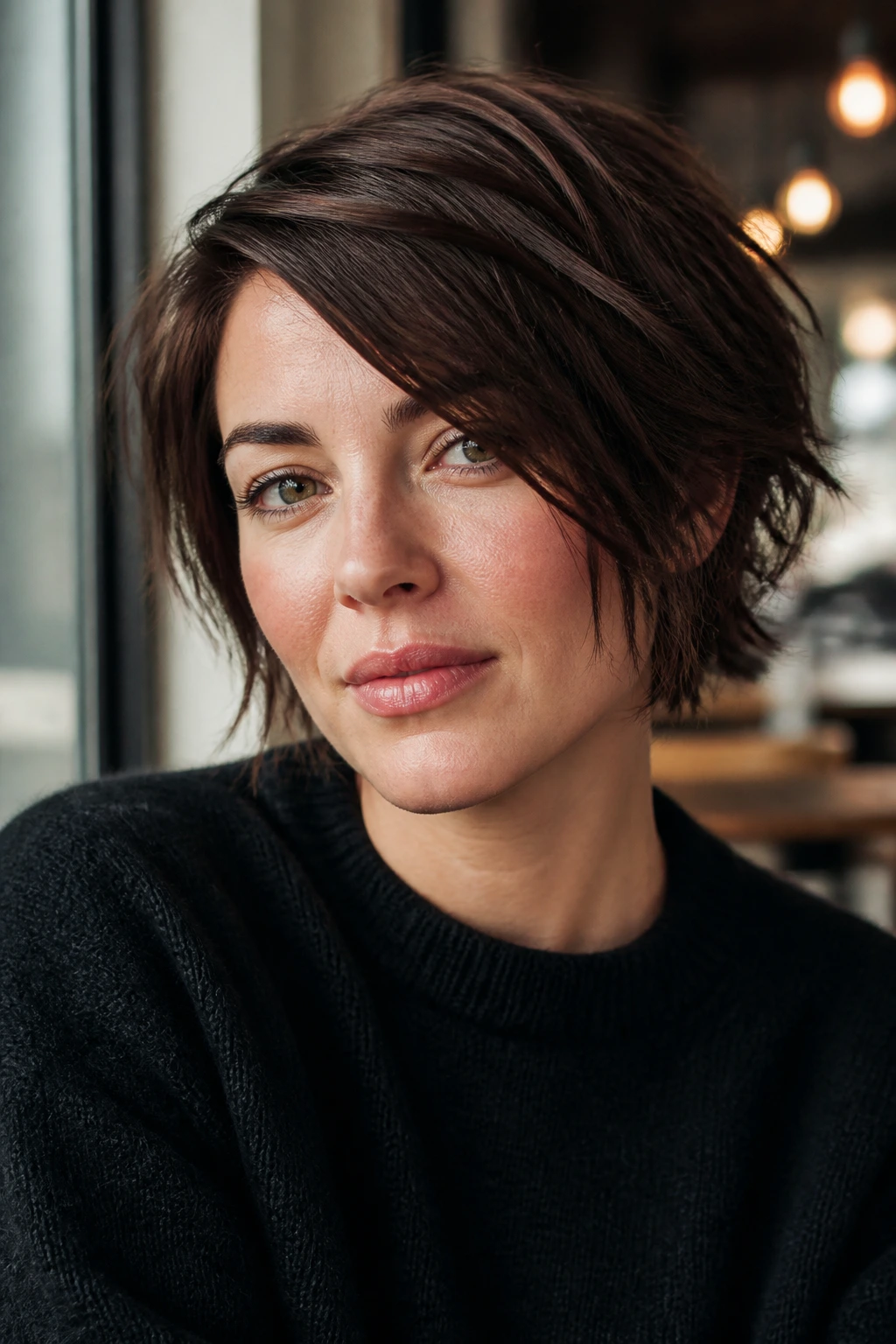 Portrait of a real person with a side-parted cropped shag and visible movement