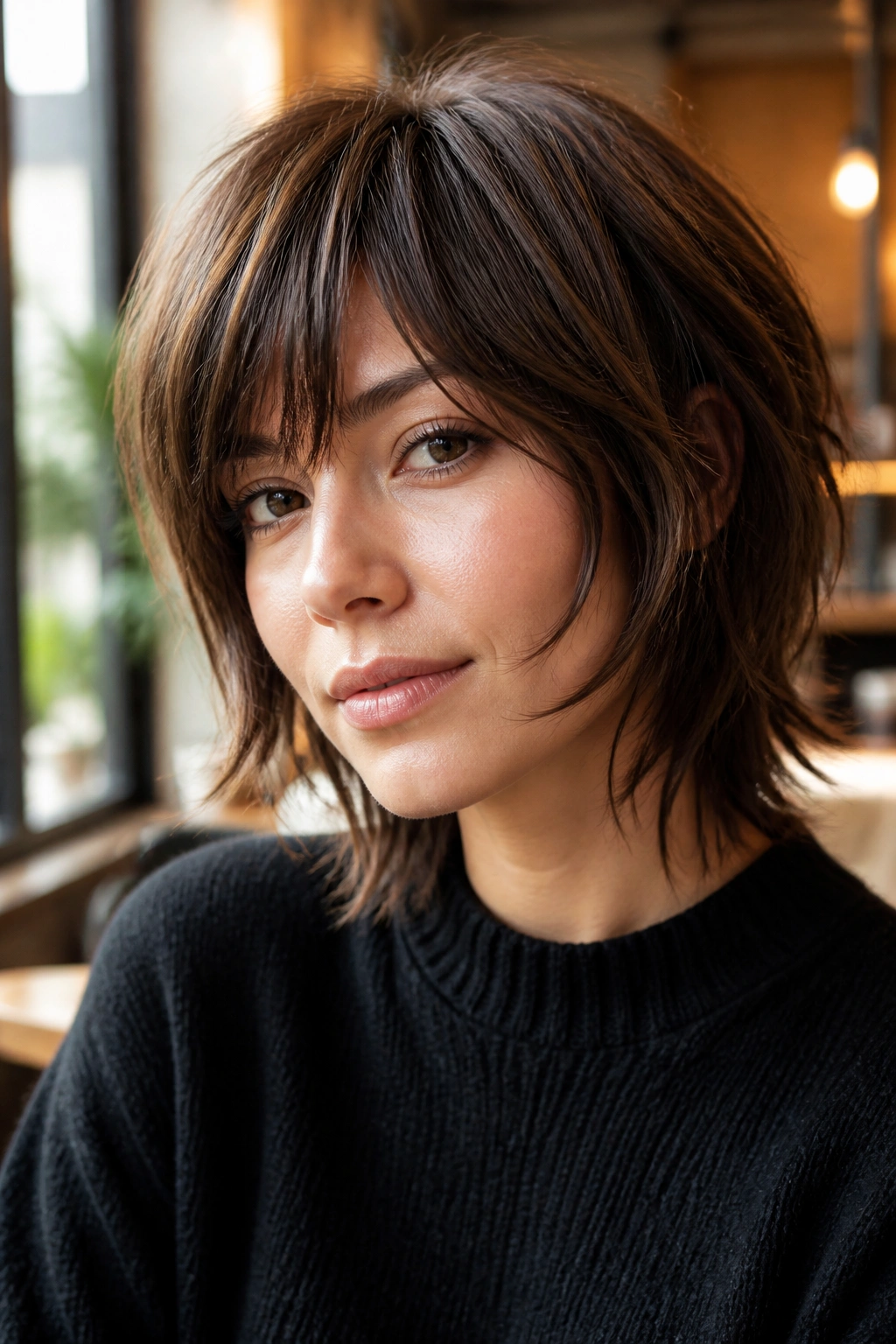 Close-up of a real woman with cropped shag and side-length fringe