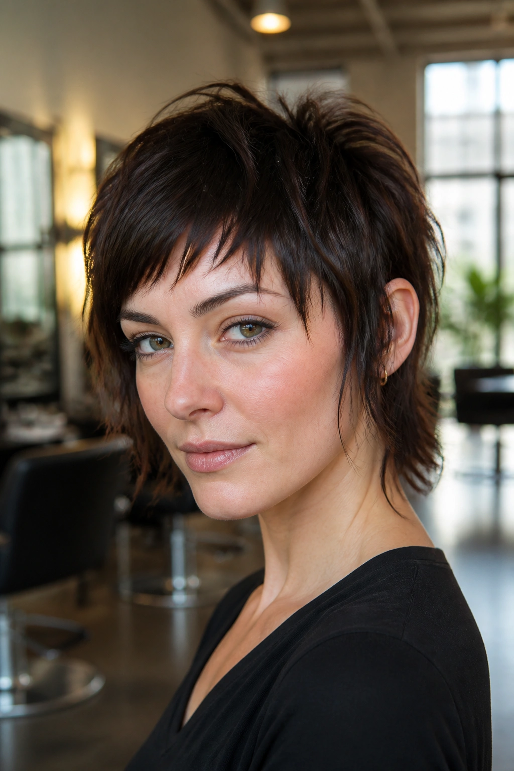 Close-up portrait of a real person with a cropped shag and an uneven fringe.