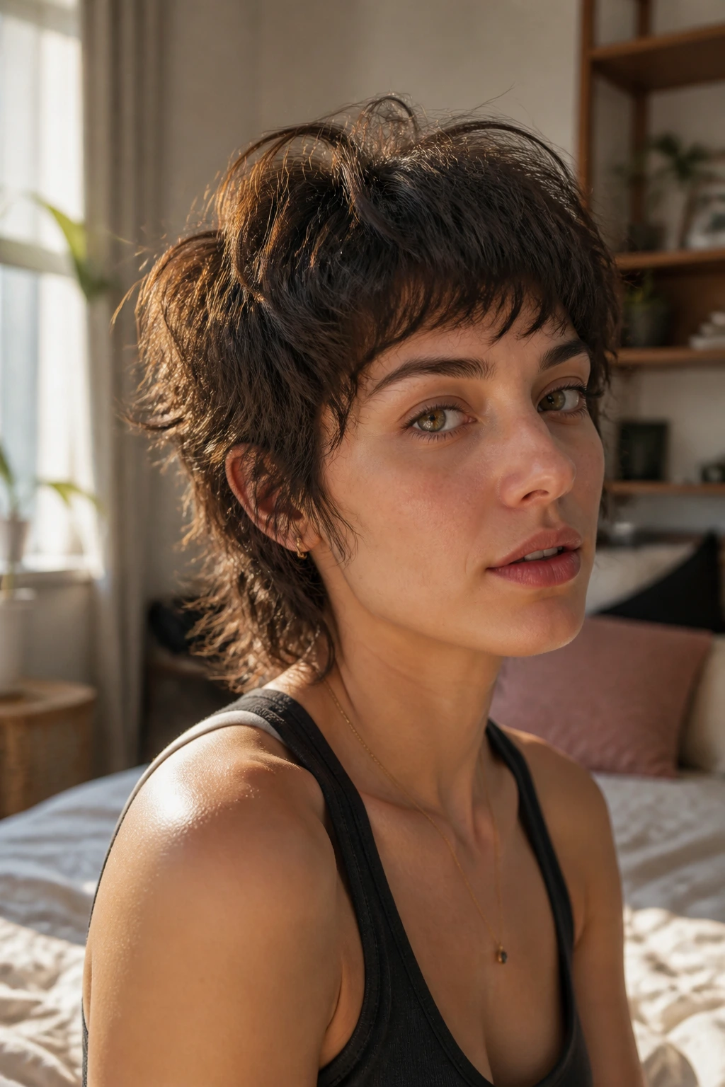 Close-up portrait of a real person with a cropped wolf cut showing lifted crown and fringe.