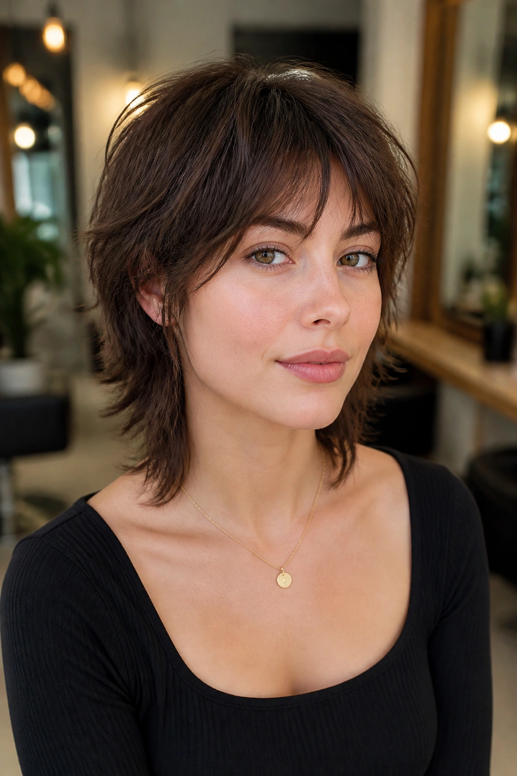 Close-up portrait of a real woman with cropped wolf shag and wispy ends in a salon setting.